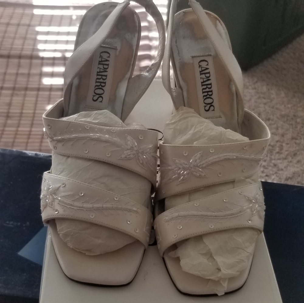Caparros Lampoon White Block Sandal w/Beads Wedding Heels